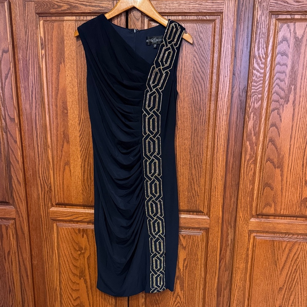 Betsy & Adam dark Navy Dress with striking Gold Detailing *Like New